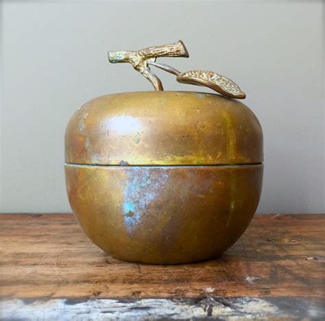 vintage metal apple trinket box|Vintage Solid Brass Apple Trinket Box Keepsake Leaf Handle.